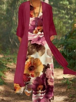 Women‘s Plus Size Curve Dress Set Print Crew Neck Print 3/4 Length Sleeve Spring Fall Stylish Casual Maxi Long Dress Daily Holiday Dress -HAYz Clothing Shop urynyf1647569403760