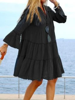 Women's Casual Dress Cotton Linen Dress Swing Dress Midi Dress Linen / Cotton Blend Fashion Modern Outdoor Daily Holiday V Neck Ruffle Long Sleeve Fall Winter Autumn 2023 Regular Fit Light Blue Black -HAYz Clothing Shop urysne1693388426535