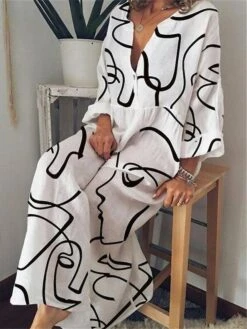 Women's Casual Dress Cotton Linen Dress White Dress Maxi Long Dress Linen / Cotton Blend Classic Casual Outdoor Daily Vacation V Neck Print Long Sleeve Spring Fall Winter 2023 Loose Fit White Abstract
