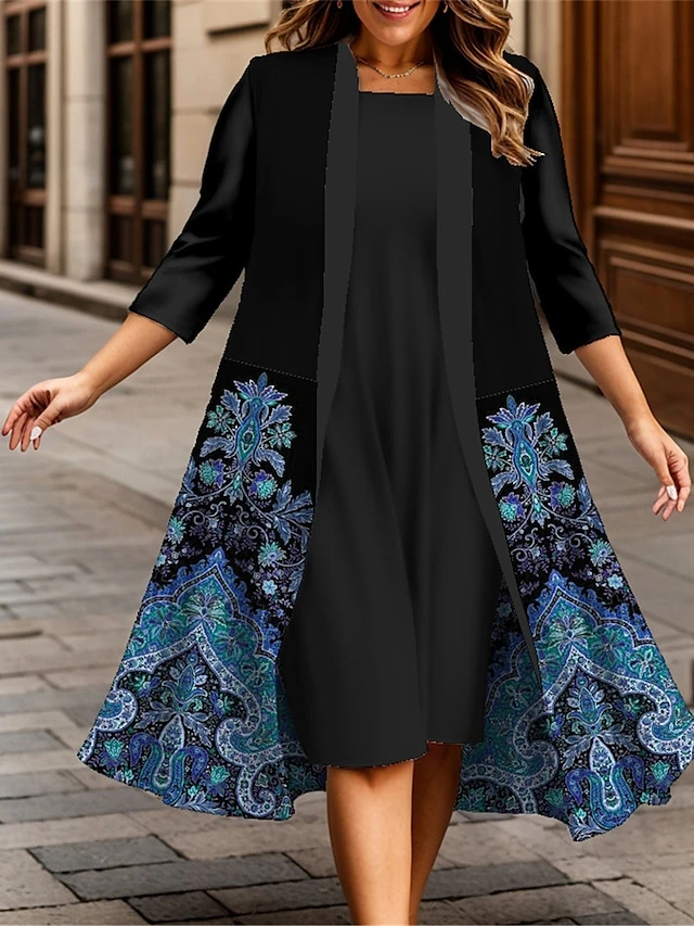 Women's Plus Size Curve Casual Dress Dress Set Two Piece Dress Floral Midi Dress 3/4 Length Sleeve Print Crew Neck Fashion Outdoor Yellow Blue Fall Winter L XL XXL 3XL 4XL 2 Women's Plus Size Curve Casual Dress Dress Set Two Piece Dress Floral Midi Dress 3/4 Length Sleeve Print Crew Neck Fashion Outdoor Yellow Blue Fall Winter L XL XXL 3XL 4XL - Image 2