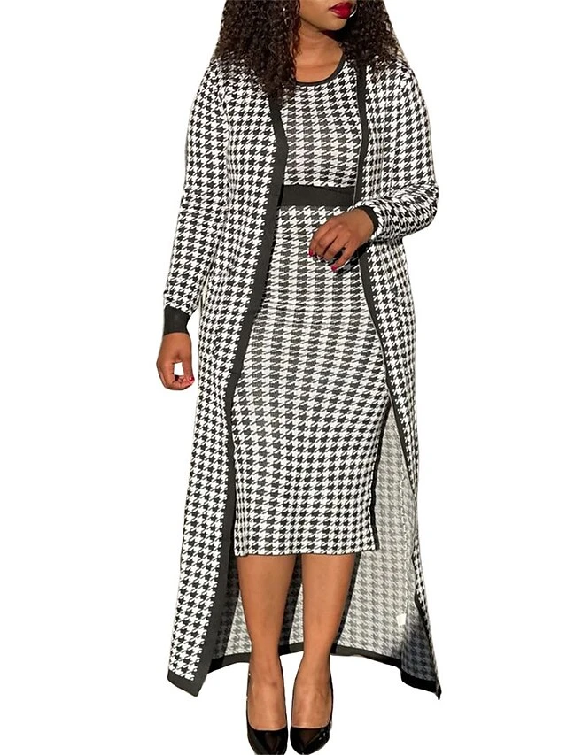 Women's Two Piece Dress Set Casual Dress Sheath Dress Daily Going Out Streetwear Modern Print Midi Dress Crew Neck Long Sleeve Houndstooth Regular Fit Black Fall Winter S M L XL XXL 4 Women's Two Piece Dress Set Casual Dress Sheath Dress Daily Going Out Streetwear Modern Print Midi Dress Crew Neck Long Sleeve Houndstooth Regular Fit Black Fall Winter S M L XL XXL - Image 4