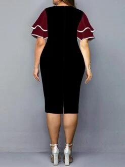 Women‘s Plus Size Curve Work Dress Bodycon Sheath Dress Color Block Midi Dress Half Sleeve Ruffle Crew Neck Fashion Outdoor Wine Red Fall Spring XL XXL 3XL 4XL 5XL -HAYz Clothing Shop ussivg1673251737233