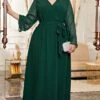 Women's Plus Size Prom Dress Party Dress Wedding Guest Dress Long Dress Maxi Dress Black Green Long Sleeve Pure Color Lace Up Fall Winter Autumn V Neck Fashion Winter Dress Wedding Guest Evening Party