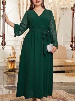 Women's Plus Size Prom Dress Party Dress Wedding Guest Dress Long Dress Maxi Dress Black Green Long Sleeve Pure Color Lace Up Fall Winter Autumn V Neck Fashion Winter Dress Wedding Guest Evening Party