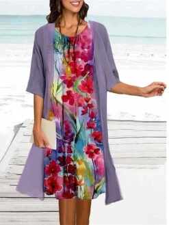 Women's Two Piece Dress Set Casual Dress Print Dress Outdoor Daily Fashion Elegant Print Midi Dress Crew Neck 3/4 Length Sleeve Floral Regular Fit Light Green Light Purple Green Summer Spring S M L -HAYz Clothing Shop usvagi1684477264325