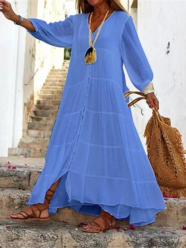 Women's Long Dress Maxi Dress Casual Dress Shift Dress Swing Dress Pure Color Basic Casual Outdoor Daily Weekend Button Long Sleeve V Neck Dress Loose Fit White Yellow Blue Fall Spring S M L XL 2 Women's Long Dress Maxi Dress Casual Dress Shift Dress Swing Dress Pure Color Basic Casual Outdoor Daily Weekend Button Long Sleeve V Neck Dress Loose Fit White Yellow Blue Fall Spring S M L XL - Image 2