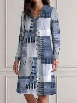 Women's Shirt Dress Casual Dress Cotton Linen Dress Midi Dress Polyester Fashion Casual Daily Outdoor Daily Vacation Shirt Collar Button Print 3/4 Length Sleeve Spring Fall Winter 2023 Loose Fit Blue -HAYz Clothing Shop utfqrm1695720635704