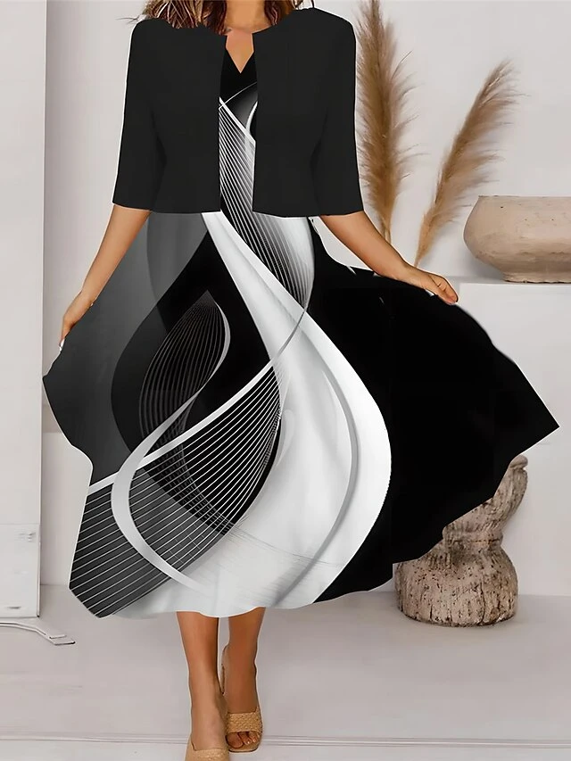 Women's Two Piece Dress Set Casual Dress Tank Dress Outdoor Daily Fashion Streetwear Pocket Print Midi Dress V Neck 3/4 Length Sleeve Geometric Color Block Regular Fit Black White Blue Spring Fall S 1 Women's Two Piece Dress Set Casual Dress Tank Dress Outdoor Daily Fashion Streetwear Pocket Print Midi Dress V Neck 3/4 Length Sleeve Geometric Color Block Regular Fit Black White Blue Spring Fall S