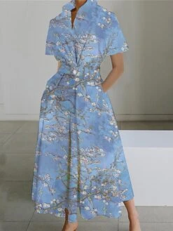 Women's Shirt Dress Casual Dress Swing Dress Maxi Long Dress Outdoor Office Daily Polyester Fashion Modern Shirt Collar Button Pocket Short Sleeve Summer Spring 2023 Loose Fit Black White Pink Floral -HAYz Clothing Shop utnszq1689924468431