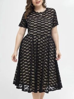 Women‘s Plus Size Curve Party Dress Lace Dress Cocktail Dress Midi Dress Black Short Sleeve Pure Color Lace Summer Spring Fall Crew Neck Fashion Birthday Wedding Guest Vacation 2023 -HAYz Clothing Shop utpqpc1691660766716
