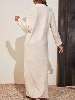 Women's Casual Dress Cotton Linen Dress Maxi Long Dress Linen / Cotton Blend Basic Classic Outdoor Daily Vacation Split Neck Split 3/4 Length Sleeve Summer Spring Fall 2023 Loose Fit Apricot Plain XS -HAYz Clothing Shop uttdov1690268528661