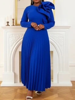 Women's Plus Size Curve Party Dress Work Dress Swing Dress Plain Long Dress Maxi Dress Long Sleeve Pleated Ruffle Crew Neck Fashion Party Blue Fall Winter XL XXL 3XL 4XL -HAYz Clothing Shop utwlby1694425968222