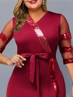 Women's Plus Size Party Dress Sequin Dress Cocktail Dress Midi Dress Wine Half Sleeve Pure Color Lace Up Summer Spring Fall V Neck Fashion Wedding Guest Birthday Vacation 2023 XL XXL 3XL 4XL 5XL -HAYz Clothing Shop uudfff1691723189159