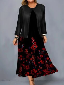 Women's Plus Size Curve Casual Dress Dress Set Two Piece Dress Floral Midi Dress Long Sleeve Print Crew Neck Mature Outdoor Yellow Red Fall Winter L XL XXL 3XL 4XL -HAYz Clothing Shop uuivvx1695191654175