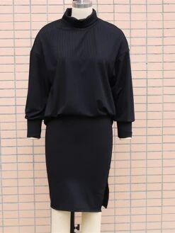 Women's Two Piece Dress Set Casual Dress Skirt Set Outdoor Daily Fashion Streetwear Split Ribbed Midi Dress Turtleneck Long Sleeve Plain Loose Fit Black Brown Beige Fall Winter S M L XL -HAYz Clothing Shop uunfcl1694596423804