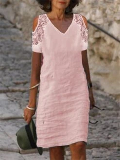 Women's Casual Dress Cotton Linen Dress Shift Dress Midi Dress Cotton Blend Basic Modern Outdoor Daily V Neck Lace Patchwork Short Sleeve Summer Spring 2023 Loose Fit Black White Pink Pure Color S M -HAYz Clothing Shop uurnep1682566677404