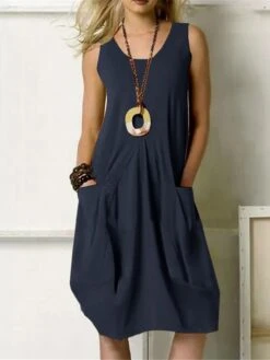 Women's Cotton Linen Dress Casual Dress Midi Dress Cotton Blend Basic Classic Outdoor Daily U Neck Pocket Sleeveless Summer Spring 2023 Regular Fit ArmyGreen Navy Blue Orange Pure Color S M L XL 2XL