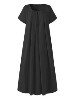 Women's Casual Dress Cotton Linen Dress Maxi Long Dress Cotton Blend Basic Classic Outdoor Daily Vacation Crew Neck Ruched Short Sleeve Summer Spring 2023 Loose Fit Black Yellow Pink Plain S M L XL -HAYz Clothing Shop uvjwvt1688634898342