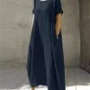 Women's Cotton Linen Dress Casual Dress Maxi Long Dress Cotton Blend Casual Outdoor Daily Vacation Crew Neck Pocket Short Sleeve Summer Spring 2023 Loose Fit Navy Blue Camel Brown Pure Color S M L XL