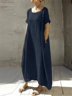 Women's Cotton Linen Dress Casual Dress Maxi Long Dress Cotton Blend Casual Outdoor Daily Vacation Crew Neck Pocket Short Sleeve Summer Spring 2023 Loose Fit Navy Blue Camel Brown Pure Color S M L XL