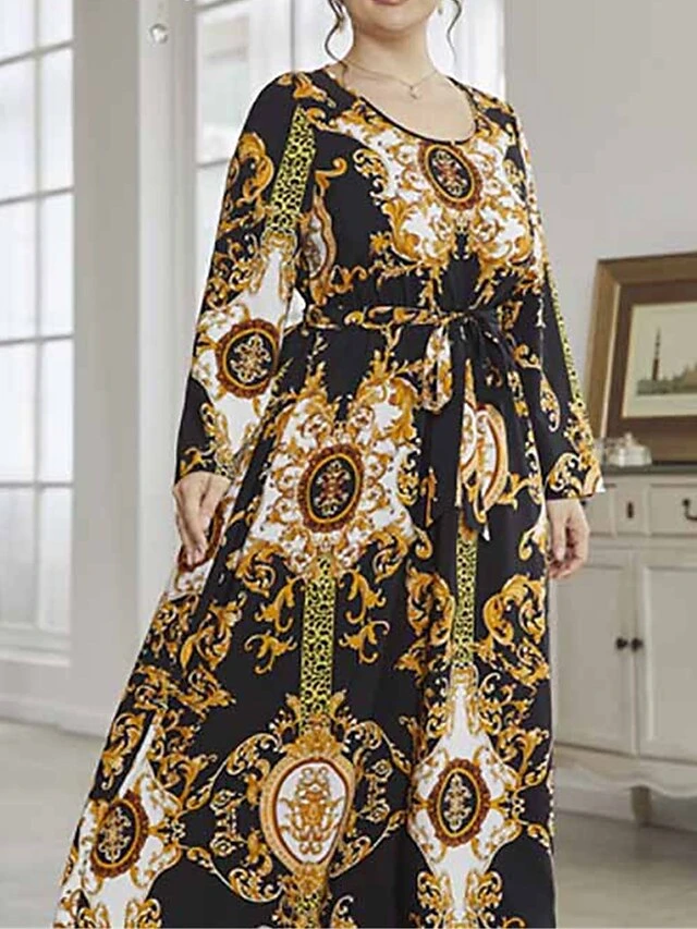 Women's Plus Size Curve Work Dress Swing Dress Semi Formal Dress Fashion Long Dress Maxi Dress Lace Up Print Crew Neck Long Sleeve Floral Color Block Regular Fit Black Fall Winter L XL XXL 3XL 4XL 2 Women's Plus Size Curve Work Dress Swing Dress Semi Formal Dress Fashion Long Dress Maxi Dress Lace Up Print Crew Neck Long Sleeve Floral Color Block Regular Fit Black Fall Winter L XL XXL 3XL 4XL - Image 2