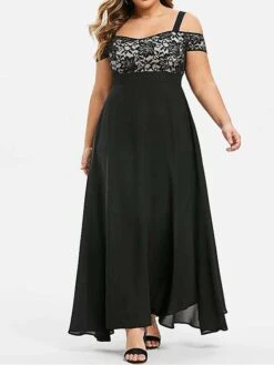 Women‘s Plus Size Curve Party Dress Homecoming Dress Formal Dress Solid Color Long Dress Maxi Dress Short Sleeve Lace Strap Modern Party Black Wine Summer Spring L XL XXL 3XL 4XL -HAYz Clothing Shop uwcgwk1672986718155
