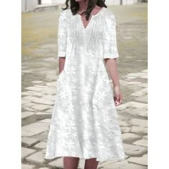 Women's Cotton Linen Dress Casual Dress Midi Dress Cotton Casual Mature Outdoor Daily Vacation V Neck Ruched Pocket Half Sleeve Summer Spring Fall 2023 Loose Fit White Blue Green Plain S M L XL 2XL