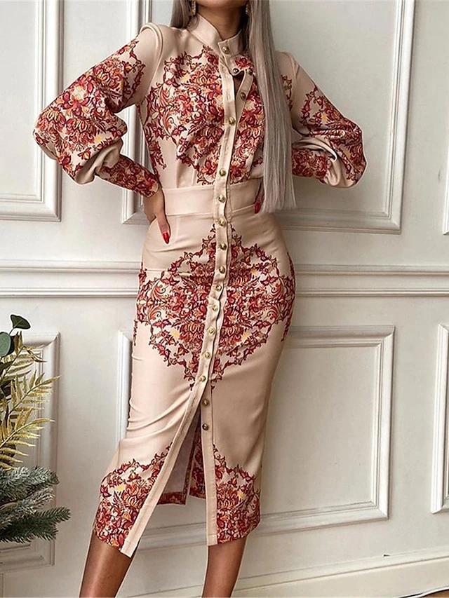 Women's Shirt Dress Casual Dress Bodycon Midi Dress Outdoor Office Daily Polyester Fashion Romantic Stand Collar Button Print Long Sleeve Summer Spring Fall 2023 Slim Blue Khaki Floral S M L XL 2XL 6 Women's Shirt Dress Casual Dress Bodycon Midi Dress Outdoor Office Daily Polyester Fashion Romantic Stand Collar Button Print Long Sleeve Summer Spring Fall 2023 Slim Blue Khaki Floral S M L XL 2XL - Image 6