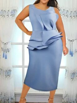 Women's Plus Size Curve Party Dress Bodycon Sheath Dress Plain Midi Dress Sleeveless Ruffle Crew Neck Fashion Party Sky Blue Spring Fall XL XXL 3XL 4XL