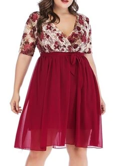 Women‘s Plus Size Curve Party Dress Cocktail Dress Wedding Guest Dress Midi Dress Black Wine Short Sleeve Floral Lace Up Summer Spring Fall V Neck Fashion Birthday Wedding Guest Vacation 2023 -HAYz Clothing Shop uxkuam1691399397634