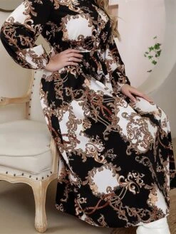 Women's Plus Size Curve Work Dress Swing Dress Semi Formal Dress Fashion Midi Dress Lace Up Button Shirt Collar Long Sleeve Floral Loose Fit Black Fall Winter L XL XXL 3XL 4XL -HAYz Clothing Shop uxqfww1693300624545