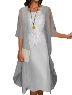 Women's Two Piece Dress Set Casual Dress Lace Dress Outdoor Daily Fashion Casual Lace Midi Dress Crew Neck 3/4 Length Sleeve Plain Regular Fit Blue Gray Spring Summer S M L XL 4XL -HAYz Clothing Shop uyqogb1675853242918