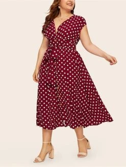 Women‘s Plus Size Curve Flattering Dresses Elegant Apple Shaped Dress Casual Dress A Line Dress Polka Dot Midi Dress Sleeveless Print V Neck Fashion Daily Black White Spring Summer Dress