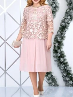 Women‘s Plus Size Curve Two Piece Dress Set Party Dress Lace Dress Party Wedding Guest Fashion Elegant Patchwork Embroidered Midi Dress Crew Neck 3/4 Length Sleeve Plain Loose Fit Pink Spring Fall