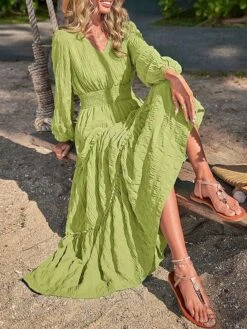 Women's Casual Dress Cotton Linen Dress Swing Dress Midi Dress Polyester Fashion Modern Outdoor Daily Vacation V Neck Ruched Ruffle Long Sleeve Summer Spring Fall 2023 Loose Fit Black Yellow Blue -HAYz Clothing Shop uzfemm1691040689397