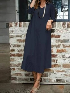 Women's Plus Size Curve Work Dress A Line Dress Fashion Long Dress Maxi Dress Patchwork V Neck 3/4 Length Sleeve Plain Loose Fit Wine Dark Blue Beige Fall L XL XXL 3XL 4XL -HAYz Clothing Shop uzpcuc1693299512526