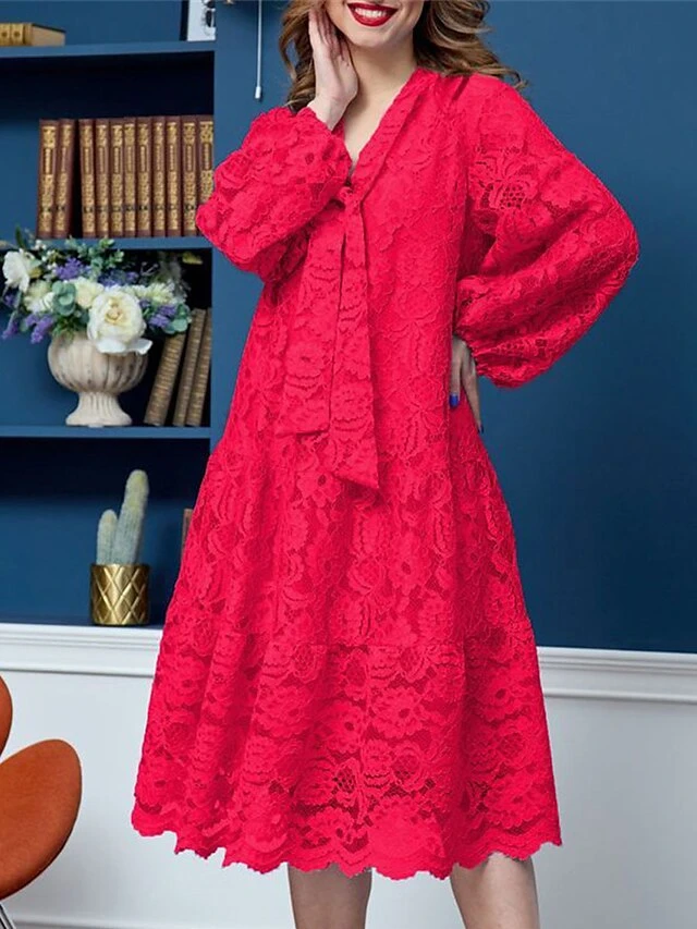 Women‘s Plus Size Curve Party Dress Lace Dress Sheath Dress Floral Midi Dress Long Sleeve Lace Up Print V Neck Modern Party Red Sky Blue Winter Fall L XL XXL 3XL 4XL 1 Women‘s Plus Size Curve Party Dress Lace Dress Sheath Dress Floral Midi Dress Long Sleeve Lace Up Print V Neck Modern Party Red Sky Blue Winter Fall L XL XXL 3XL 4XL