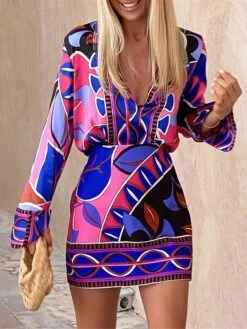 Women's Two Piece Dress Set Casual Dress Sheath Dress Daily Going Out Fashion Streetwear Print Mini Dress V Neck Long Sleeve Geometric Color Block Loose Fit Black Red Blue Spring Fall S M L XL XXL -HAYz Clothing Shop uzrmjt1692170943896