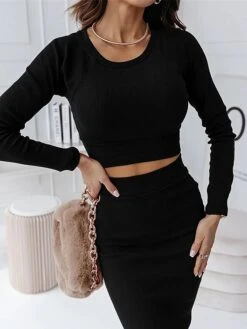 Women's Two Piece Dress Set Casual Dress Skirt Set Outdoor Daily Fashion Sexy Ribbed Midi Dress Crew Neck Long Sleeve Plain Regular Fit Black Wine Green Fall Winter S M L XL -HAYz Clothing Shop uztzvn1695268227650