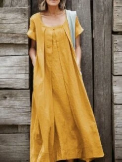 Women's Casual Dress Cotton Linen Dress Maxi Long Dress Cotton Blend Basic Classic Outdoor Daily Vacation Crew Neck Ruched Short Sleeve Summer Spring 2023 Loose Fit Black Yellow Pink Plain S M L XL -HAYz Clothing Shop uzxtdd1688640247973