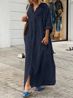 Women's Shirt Dress Casual Dress Cotton Linen Dress Maxi Long Dress Linen / Cotton Blend Basic Classic Outdoor Daily Vacation Shirt Collar Button Pocket 3/4 Length Sleeve Summer Spring Fall 2023 -HAYz Clothing Shop vahuwu1692084279112