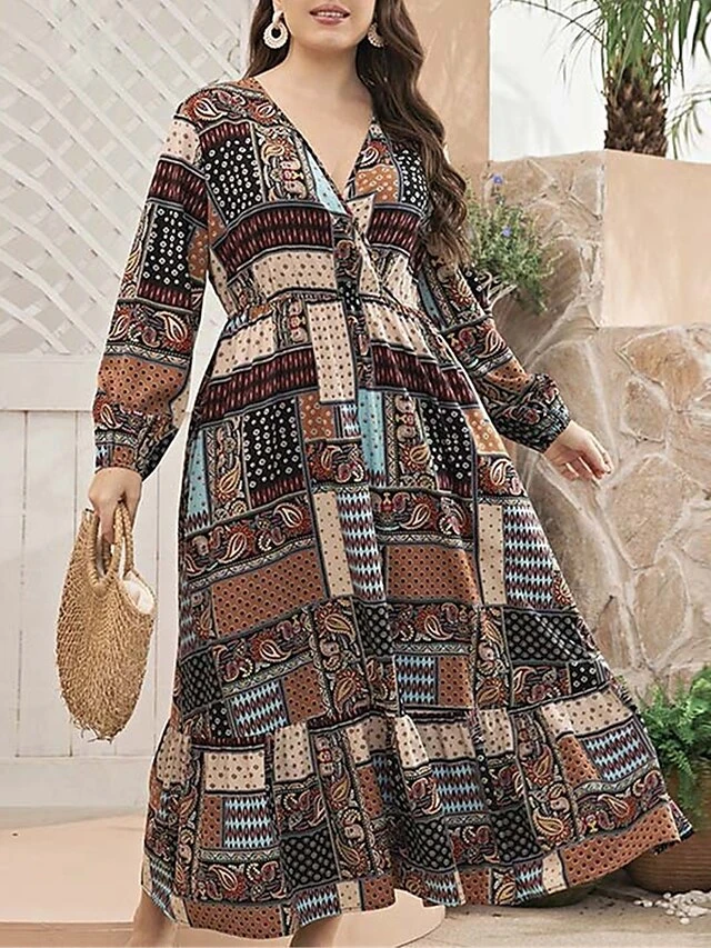 Women's Plus Size Curve Work Dress Swing Dress Semi Formal Dress Fashion Long Dress Maxi Dress Print V Neck Long Sleeve Geometric Paisley Regular Fit Khaki Fall Winter L XL XXL 3XL 4XL 6 Women's Plus Size Curve Work Dress Swing Dress Semi Formal Dress Fashion Long Dress Maxi Dress Print V Neck Long Sleeve Geometric Paisley Regular Fit Khaki Fall Winter L XL XXL 3XL 4XL - Image 6
