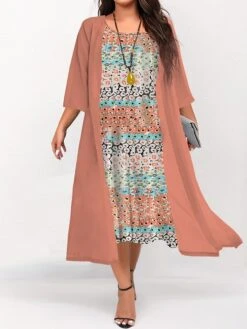 Women's Plus Size Curve Two Piece Dress Set Casual Dress Swing Dress Outdoor Daily Fashion Elegant Print Midi Dress Crew Neck 3/4 Length Sleeve Floral Ombre Pink Blue Sky Blue Fall Winter S M L -HAYz Clothing Shop vajolt1692942736185