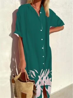Women's Shirt Dress Casual Dress Midi Dress Outdoor Office Daily Polyester Fashion Modern Shirt Collar Button Print 3/4 Length Sleeve Summer Spring Fall 2023 Loose Fit Wine Navy Blue Blue Leaf S M L -HAYz Clothing Shop vajpta1691045259172
