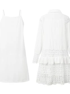 Women's Shirt Dress Casual Dress Cotton Linen Dress Mini Dress Lace Basic Classic Outdoor Daily Vacation Shirt Collar Lace Patchwork Long Sleeve Summer Spring Fall 2023 Loose Fit White Sky Blue Plain -HAYz Clothing Shop valjxv1684216527197