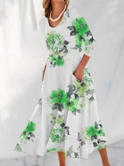 Women's Casual Dress Cotton Linen Dress Swing Dress Maxi Long Dress Polyester Fashion Casual Daily Outdoor Daily Vacation V Neck Pocket Print Long Sleeve Summer Spring Fall 2023 Loose Fit Light Green -HAYz Clothing Shop vanono1690539145260