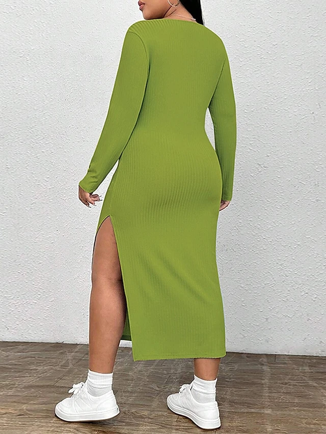 Women‘s Plus Size Curve Party Dress Cocktail Dress Wedding Guest Dress Midi Dress Green Long Sleeve Pure Color Split Spring Fall Winter Crew Neck Fashion Birthday Wedding Guest Vacation 2023 3 Women‘s Plus Size Curve Party Dress Cocktail Dress Wedding Guest Dress Midi Dress Green Long Sleeve Pure Color Split Spring Fall Winter Crew Neck Fashion Birthday Wedding Guest Vacation 2023 - Image 3