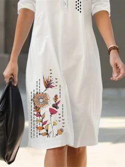 Women's Shirt Dress Casual Dress Cotton Linen Dress Midi Dress Polyester Fashion Casual Daily Outdoor Daily Vacation Crew Neck Button Print 3/4 Length Sleeve Spring Fall Autumn 2023 Loose Fit White -HAYz Clothing Shop vbglqv1693387896189
