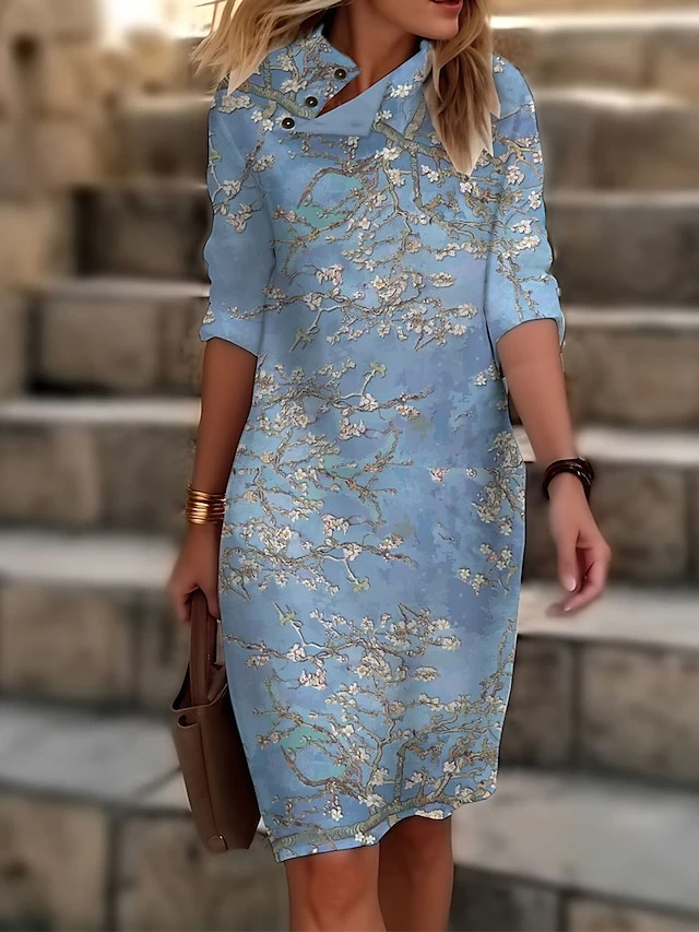 Women's Casual Dress Cotton Linen Dress Shift Dress Midi Dress Polyester Fashion Casual Daily Outdoor Daily Vacation Turtleneck Button Print 3/4 Length Sleeve Summer Spring Fall 2023 Loose Fit Black 4 Women's Casual Dress Cotton Linen Dress Shift Dress Midi Dress Polyester Fashion Casual Daily Outdoor Daily Vacation Turtleneck Button Print 3/4 Length Sleeve Summer Spring Fall 2023 Loose Fit Black - Image 4