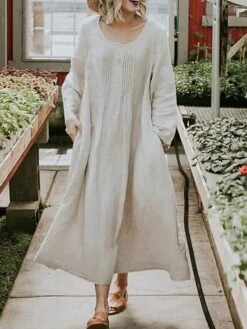 Women's Casual Dress Cotton Linen Dress Swing Dress Maxi Long Dress Linen / Cotton Blend Fashion Classic Outdoor Daily Vacation Crew Neck Ruched Pocket Long Sleeve Summer Spring Fall 2023 Loose Fit